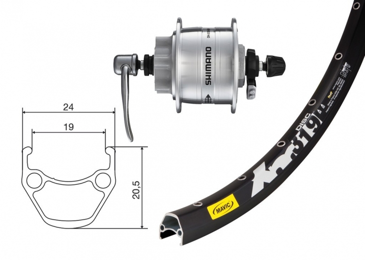 Shimano DH 3D32, Mavic XM 319, koło przednie 27,5 cala, 32 szprychy