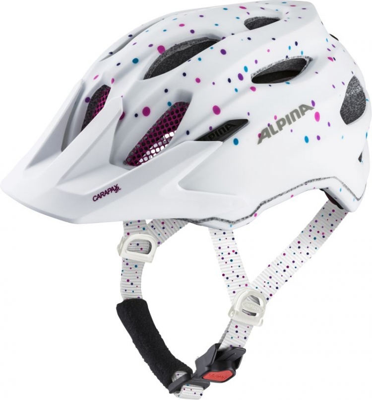 ALPINA Kask rowerowy dziecięcy Carapax JR - roz. 51-56 cm, białe kropki ALPINA Kask rowerowy dziecięcy Carapax JR - roz. 51-56 cm, białe kropki